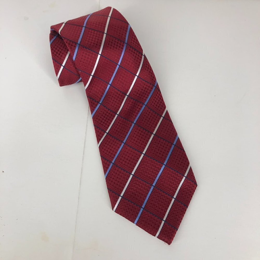 Balmain Paris Mens Silk Tie Burgundy Red Windowpane Check Plaid Designer Necktie